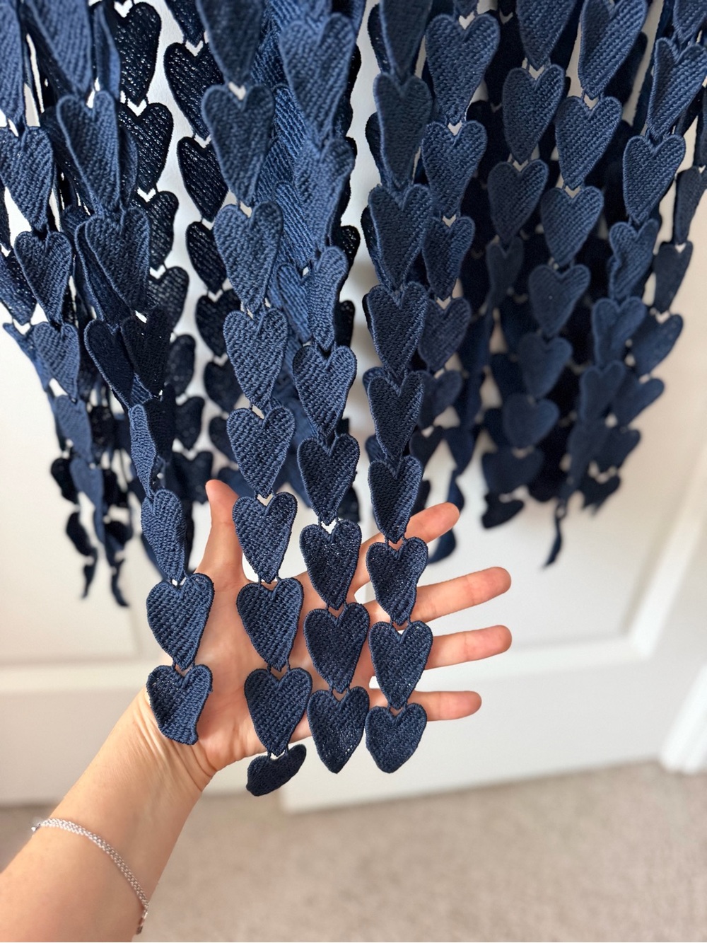 Umgee Navy Heart Shaped Crochet Fringe Maxi Dress Medium Tie Shoulder NWT Boho - Picture 4 of 15